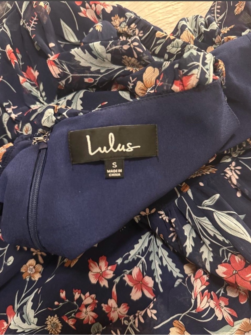 Lulu's Navy Floral Ruffle Off-Shoulder Women’s Dress - Picture 2 of 4